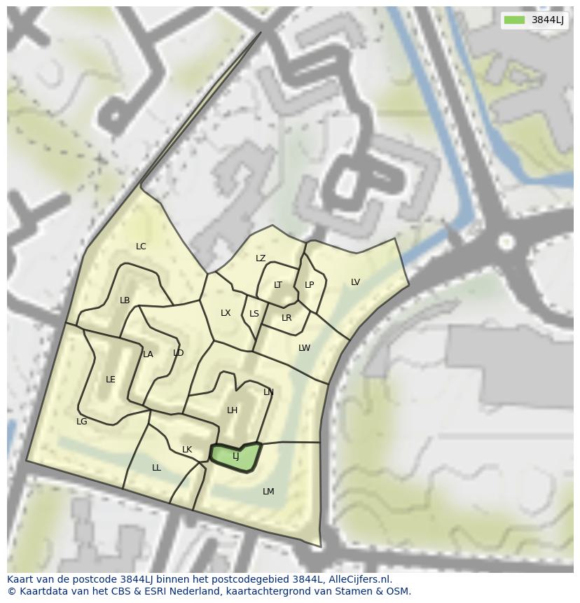 Afbeelding van het postcodegebied 3844 LJ op de kaart.