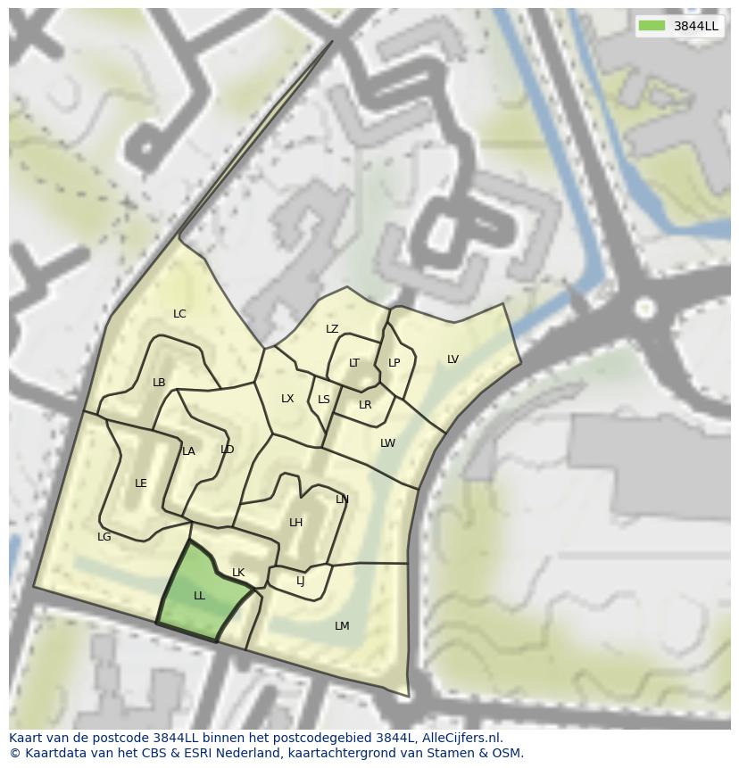 Afbeelding van het postcodegebied 3844 LL op de kaart.