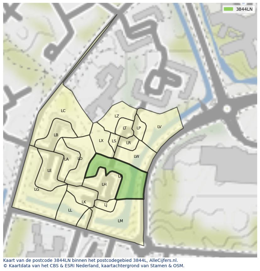 Afbeelding van het postcodegebied 3844 LN op de kaart.