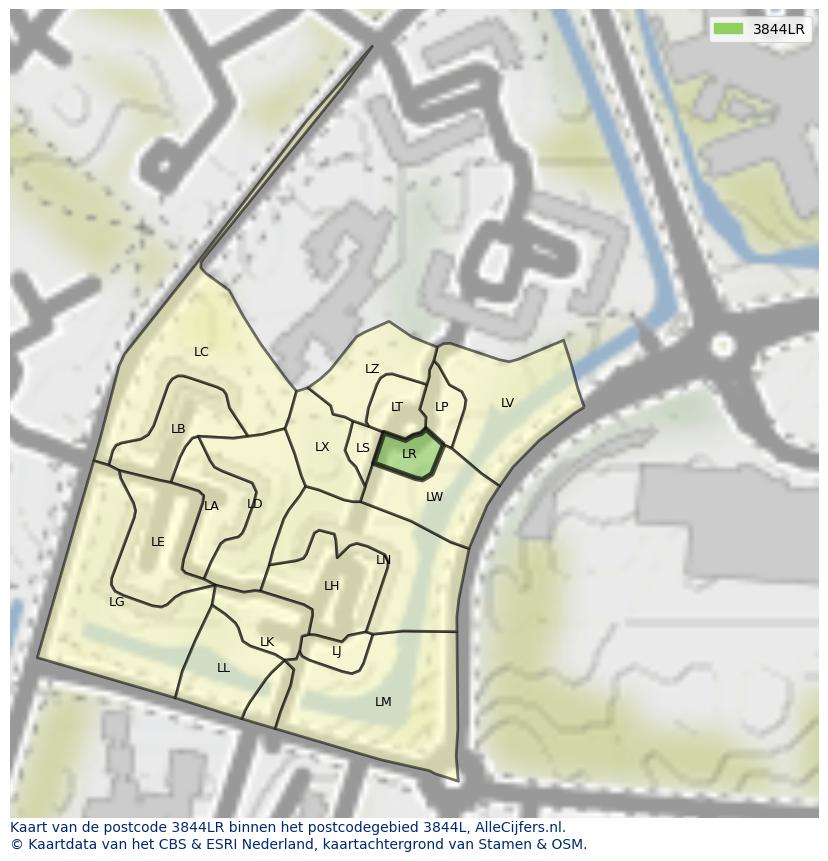 Afbeelding van het postcodegebied 3844 LR op de kaart.