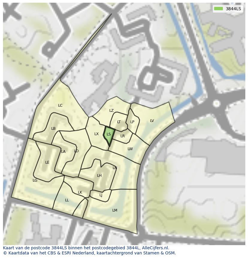 Afbeelding van het postcodegebied 3844 LS op de kaart.