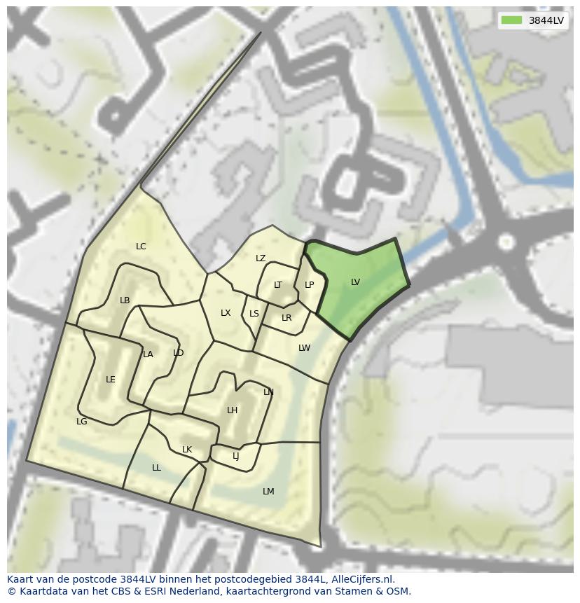 Afbeelding van het postcodegebied 3844 LV op de kaart.