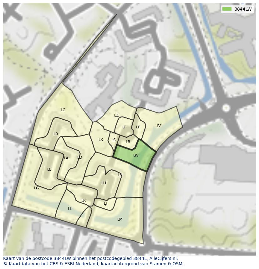Afbeelding van het postcodegebied 3844 LW op de kaart.