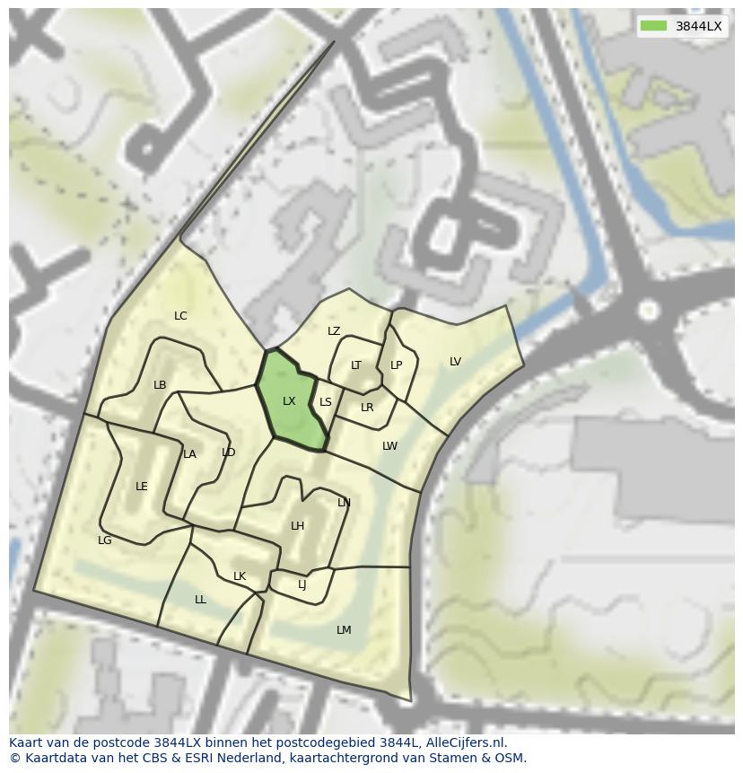 Afbeelding van het postcodegebied 3844 LX op de kaart.