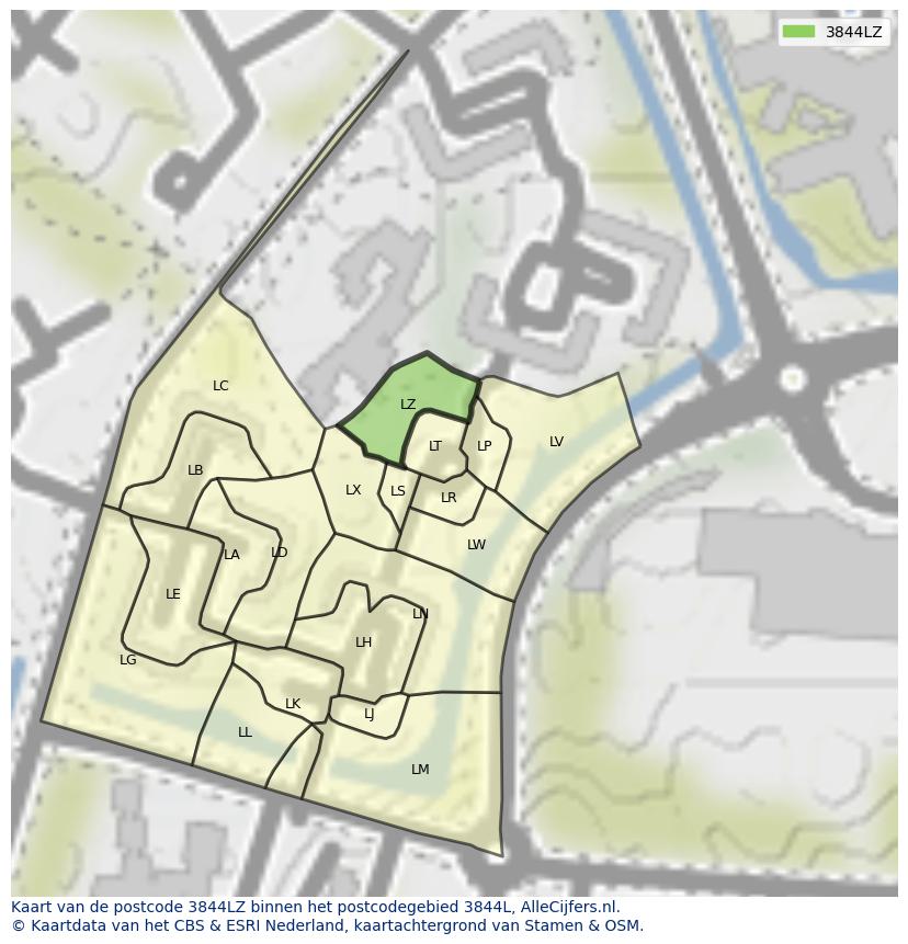 Afbeelding van het postcodegebied 3844 LZ op de kaart.