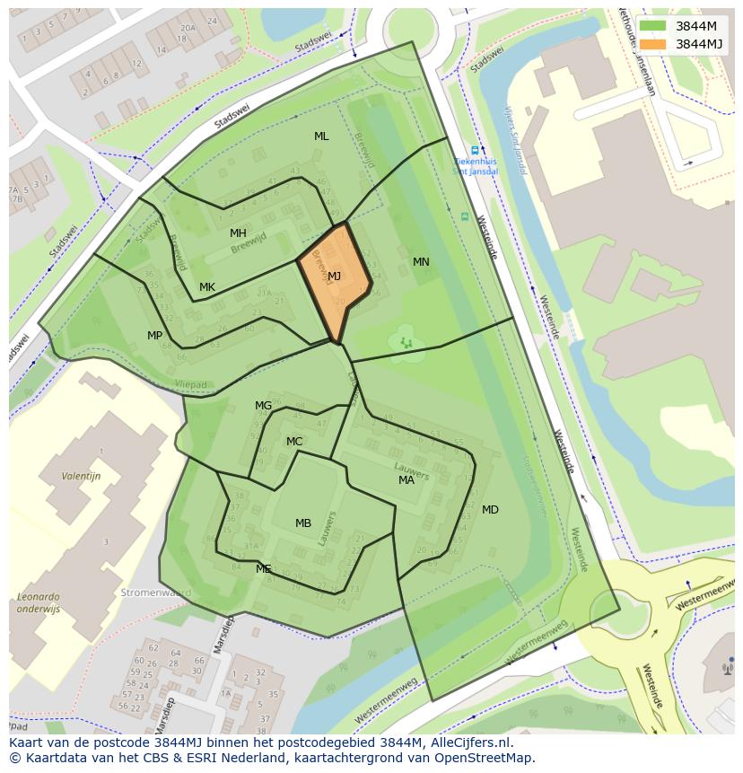 Afbeelding van het postcodegebied 3844 MJ op de kaart.