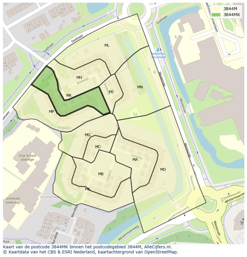 Afbeelding van het postcodegebied 3844 MK op de kaart.