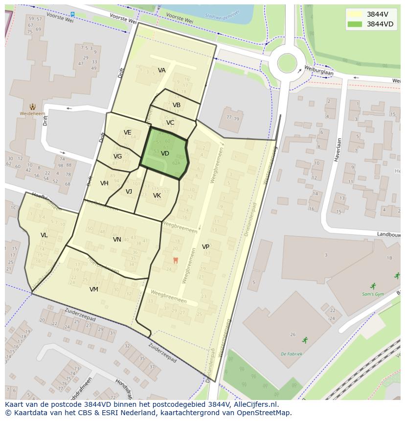 Afbeelding van het postcodegebied 3844 VD op de kaart.
