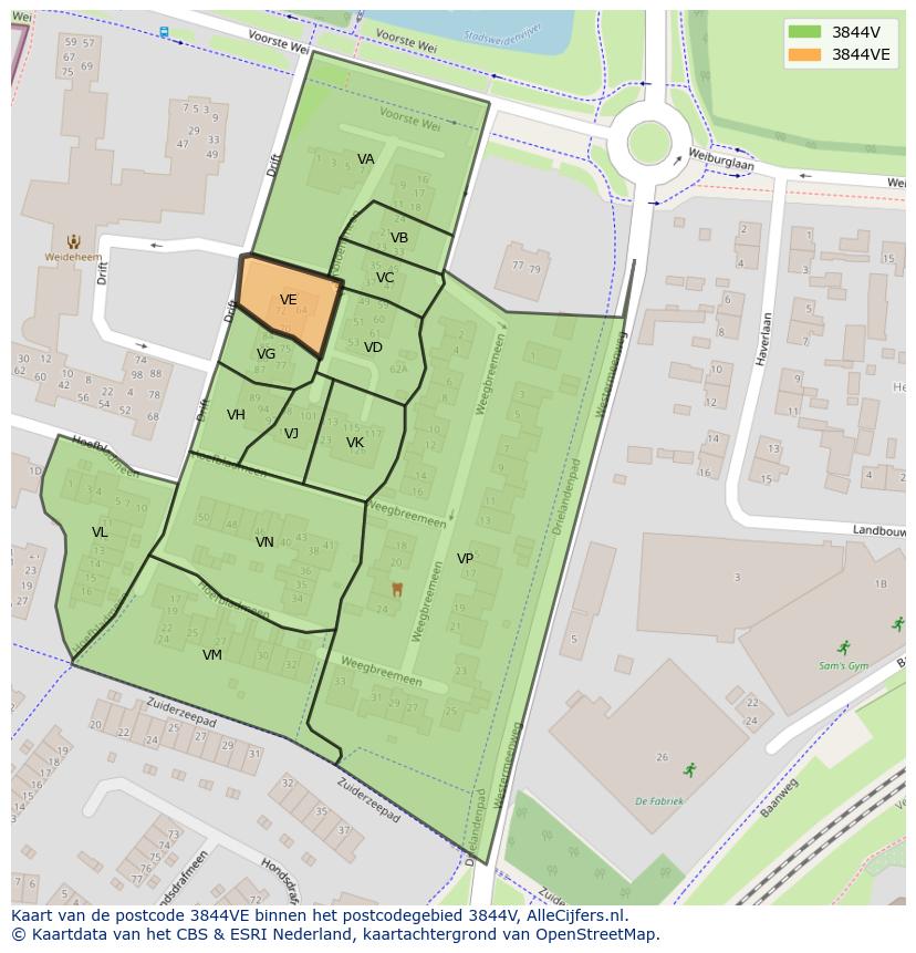 Afbeelding van het postcodegebied 3844 VE op de kaart.