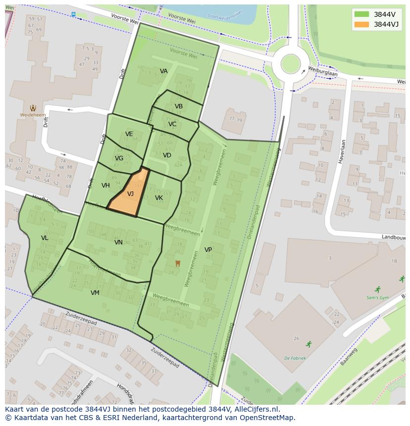 Afbeelding van het postcodegebied 3844 VJ op de kaart.