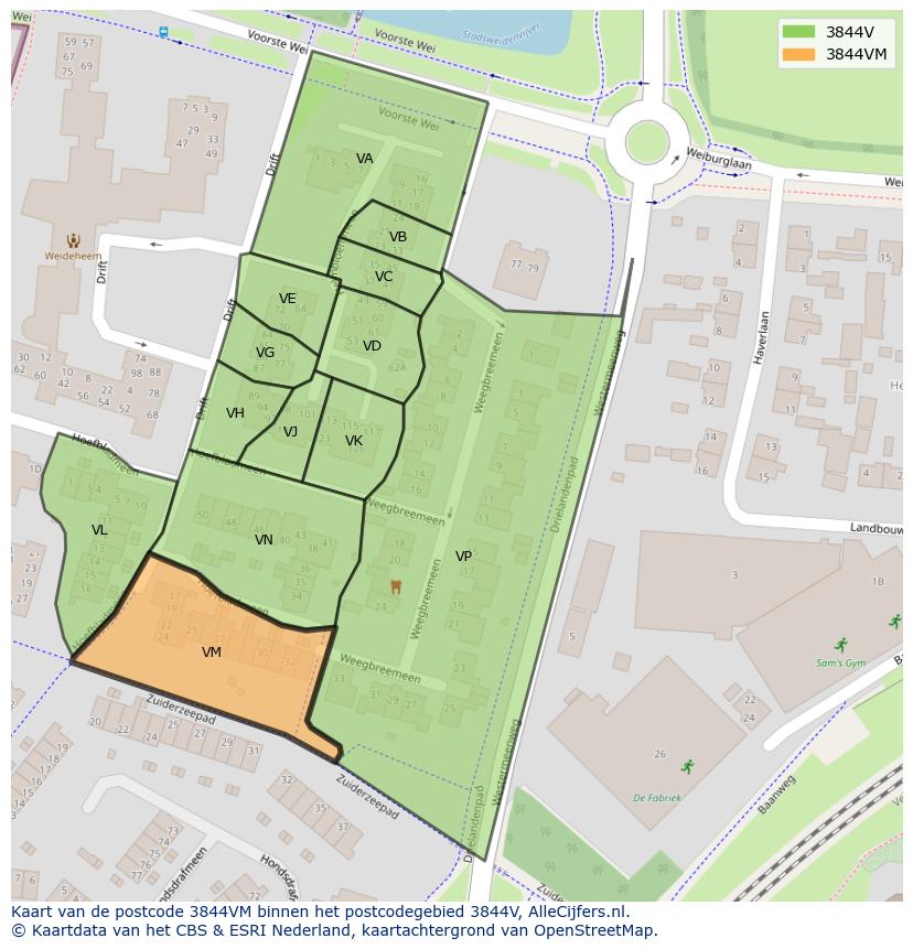 Afbeelding van het postcodegebied 3844 VM op de kaart.