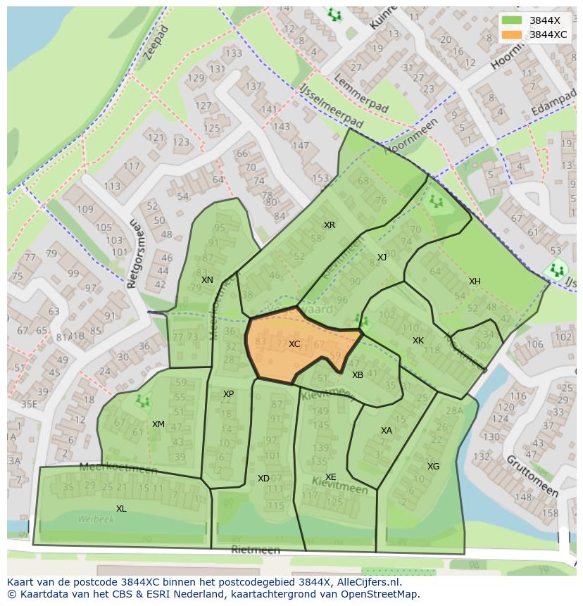 Afbeelding van het postcodegebied 3844 XC op de kaart.