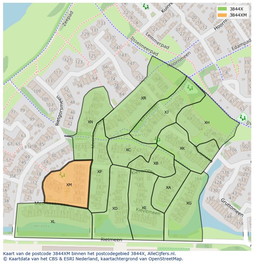 Afbeelding van het postcodegebied 3844 XM op de kaart.