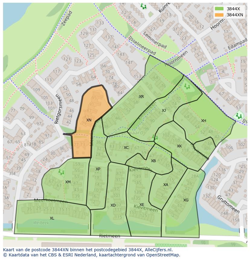 Afbeelding van het postcodegebied 3844 XN op de kaart.