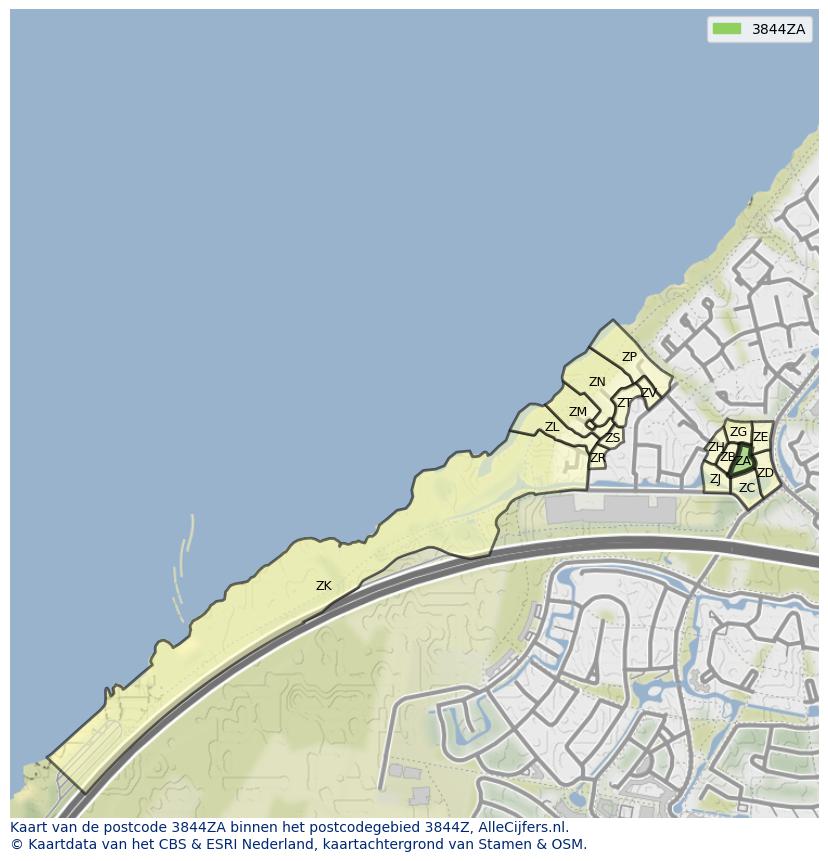 Afbeelding van het postcodegebied 3844 ZA op de kaart.