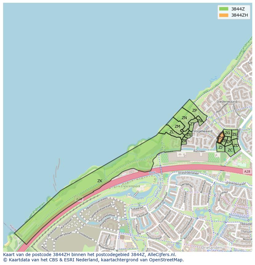 Afbeelding van het postcodegebied 3844 ZH op de kaart.