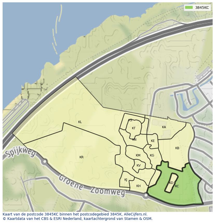 Afbeelding van het postcodegebied 3845 KC op de kaart.