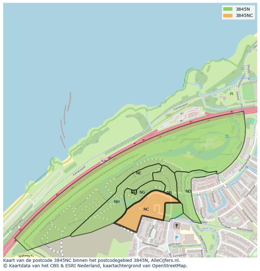 Afbeelding van het postcodegebied 3845 NC op de kaart.