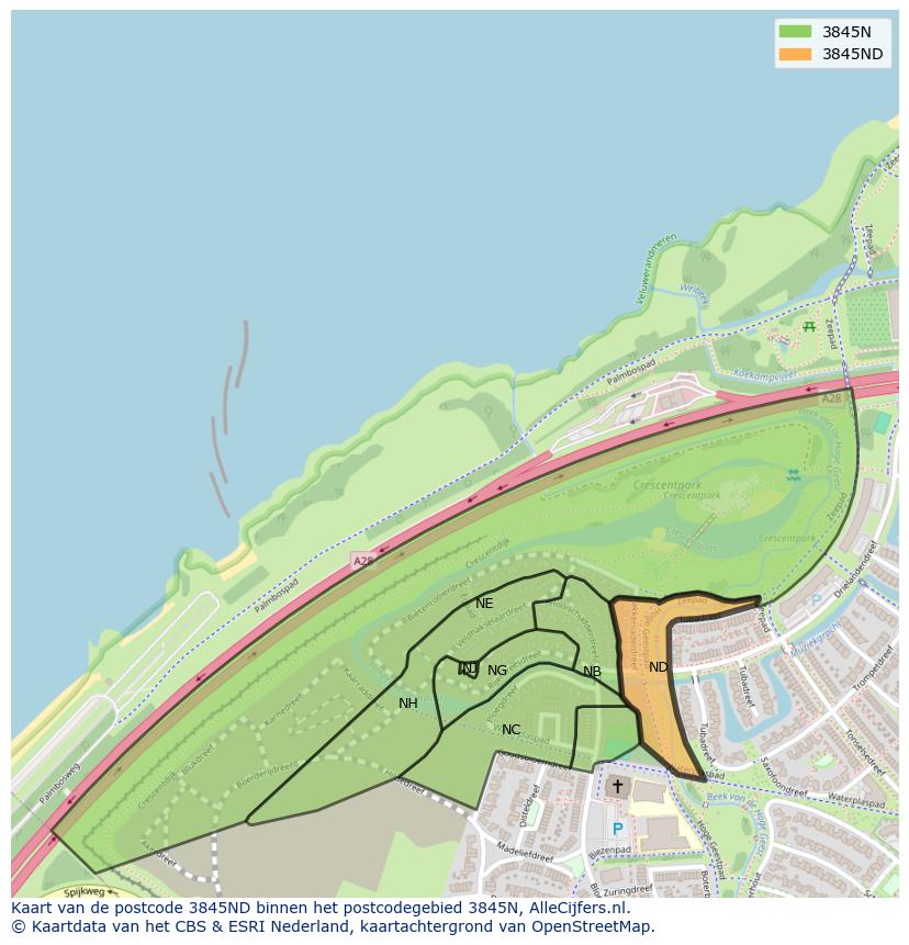 Afbeelding van het postcodegebied 3845 ND op de kaart.