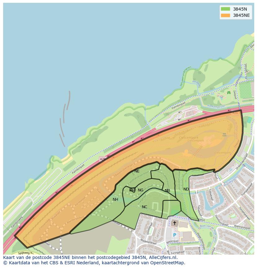Afbeelding van het postcodegebied 3845 NE op de kaart.