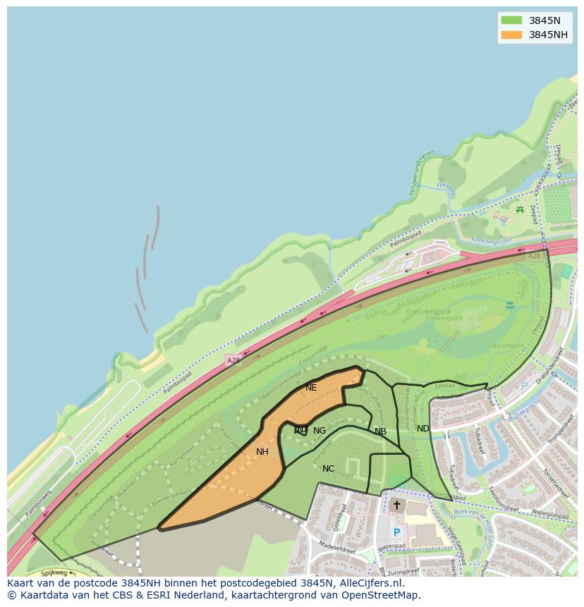 Afbeelding van het postcodegebied 3845 NH op de kaart.