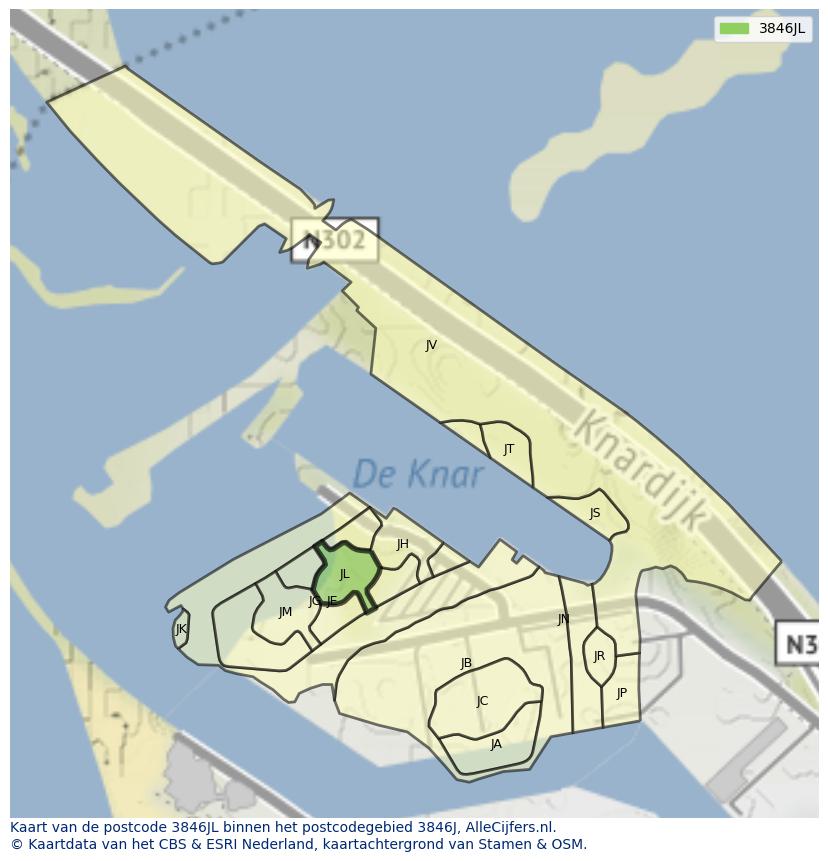 Afbeelding van het postcodegebied 3846 JL op de kaart.
