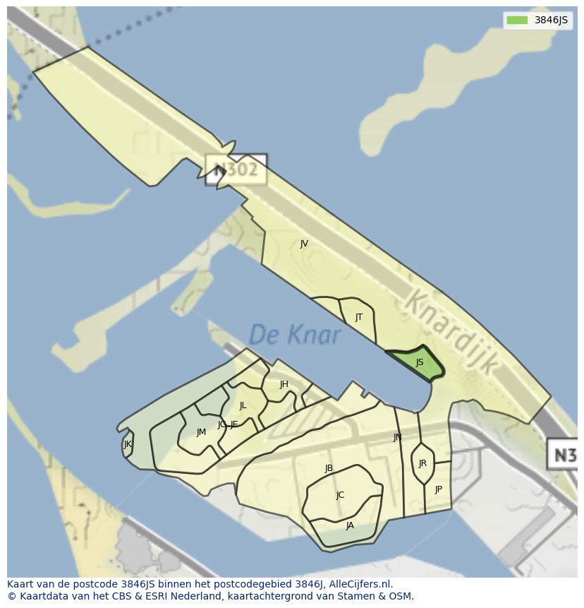 Afbeelding van het postcodegebied 3846 JS op de kaart.