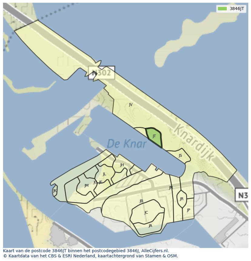 Afbeelding van het postcodegebied 3846 JT op de kaart.