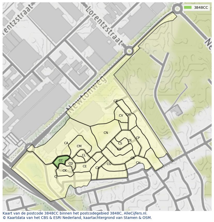 Afbeelding van het postcodegebied 3848 CC op de kaart.