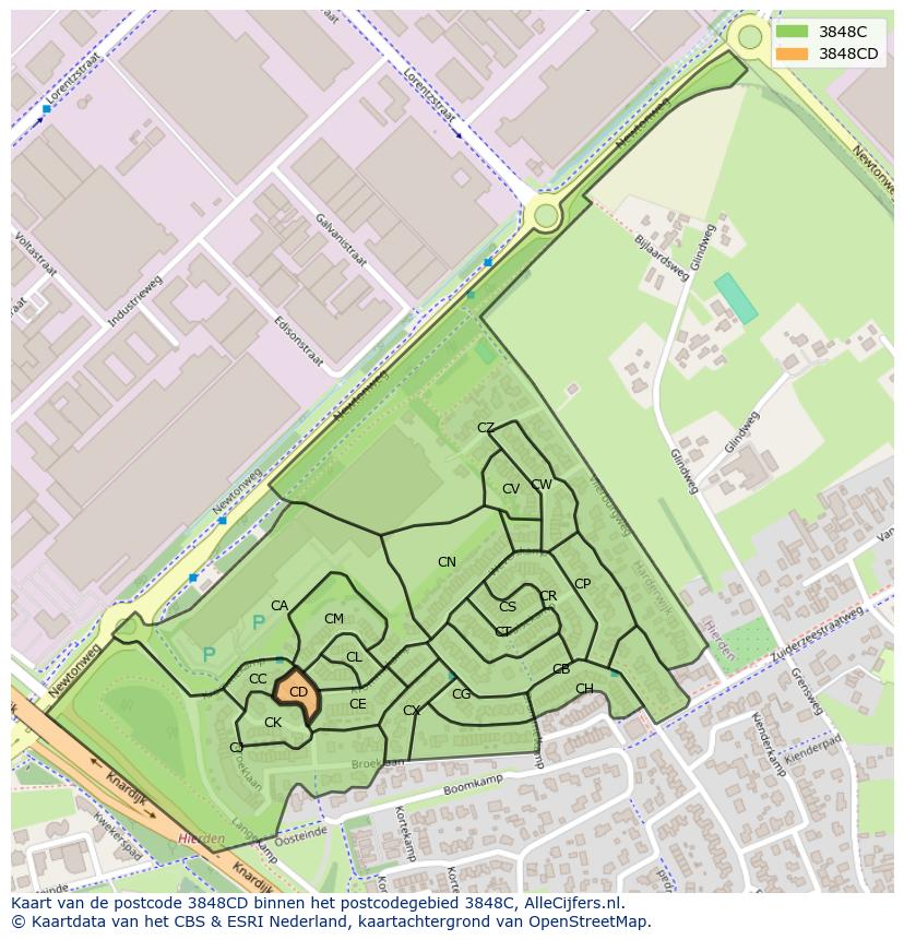Afbeelding van het postcodegebied 3848 CD op de kaart.