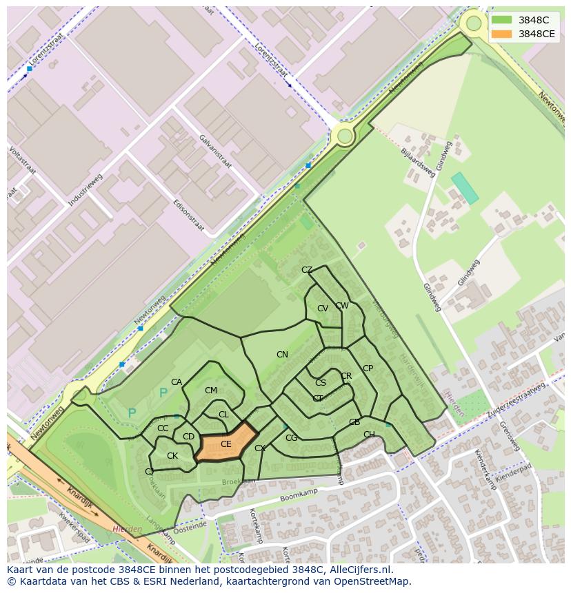 Afbeelding van het postcodegebied 3848 CE op de kaart.