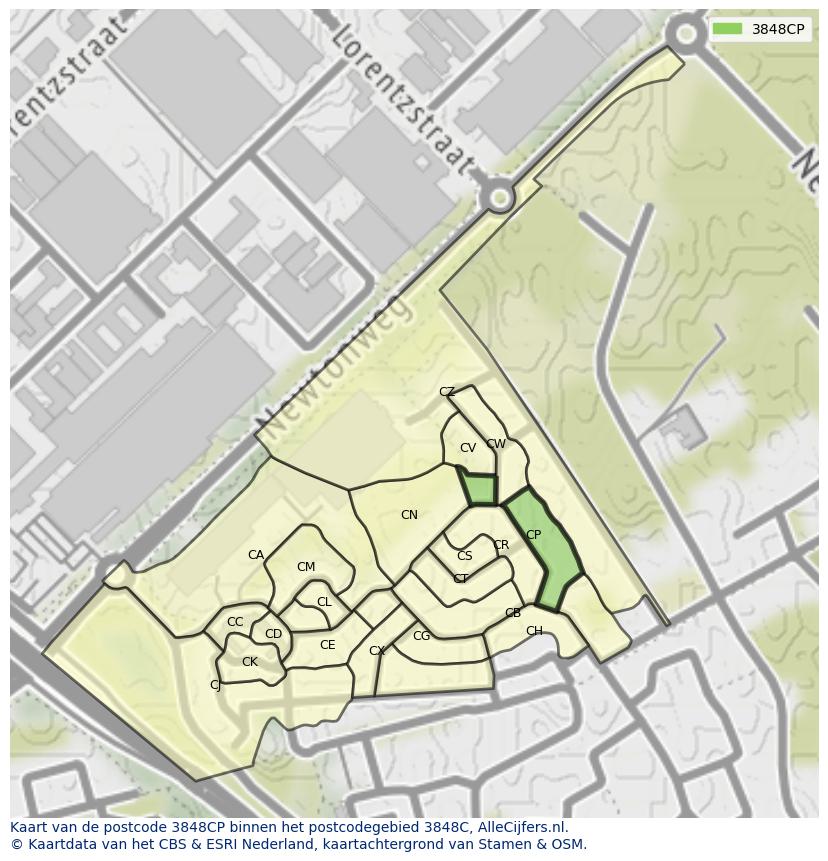 Afbeelding van het postcodegebied 3848 CP op de kaart.