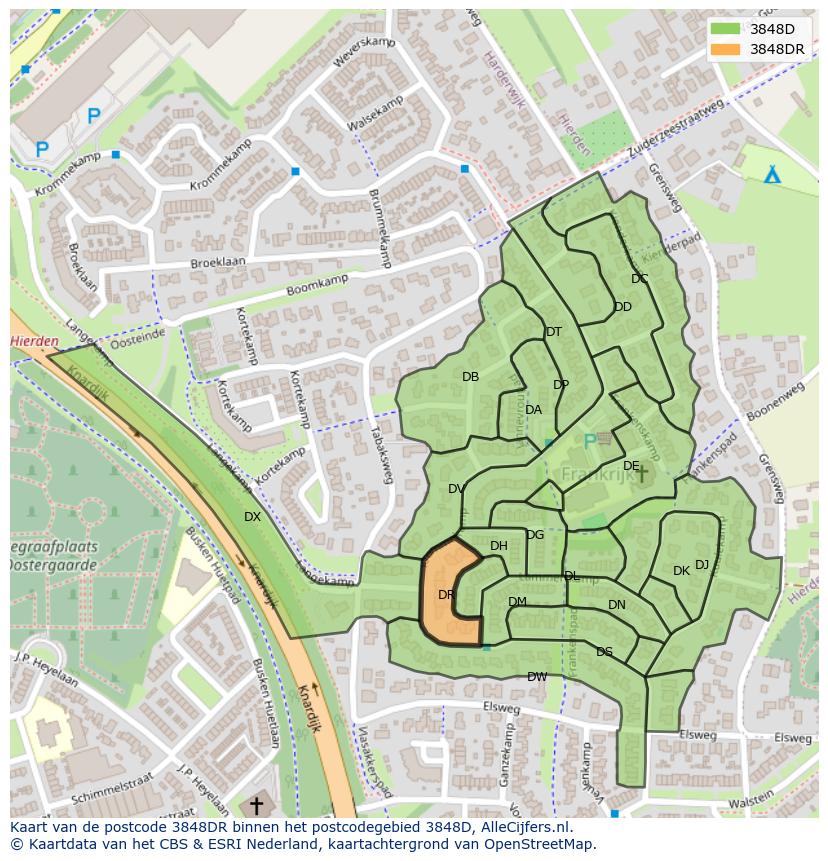 Afbeelding van het postcodegebied 3848 DR op de kaart.