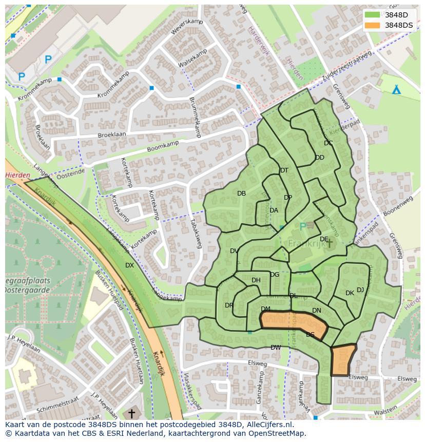 Afbeelding van het postcodegebied 3848 DS op de kaart.