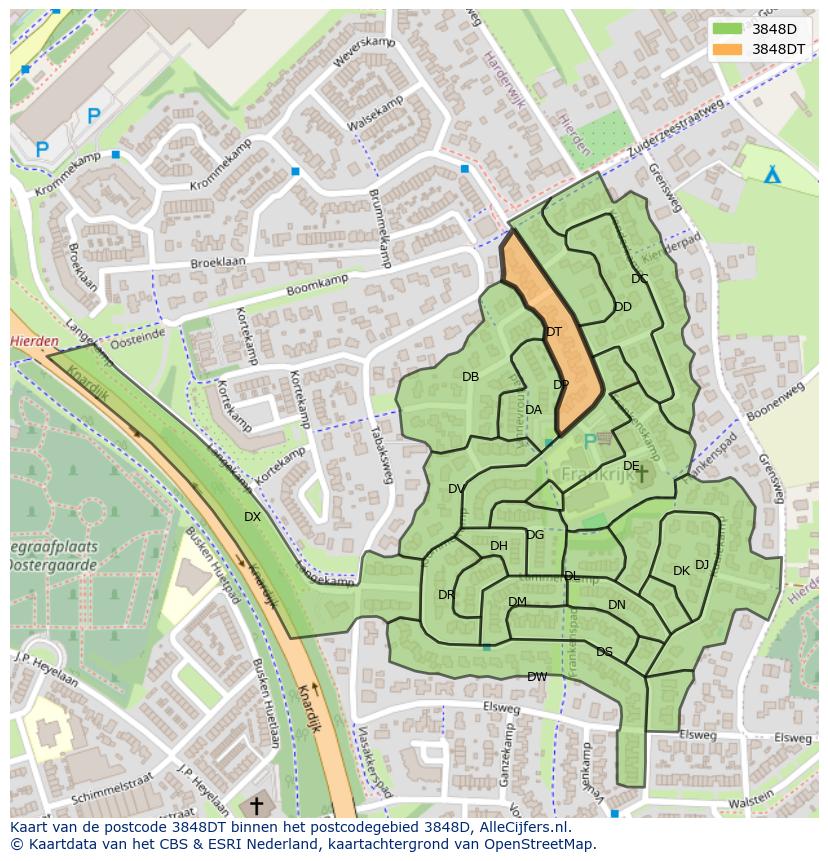 Afbeelding van het postcodegebied 3848 DT op de kaart.