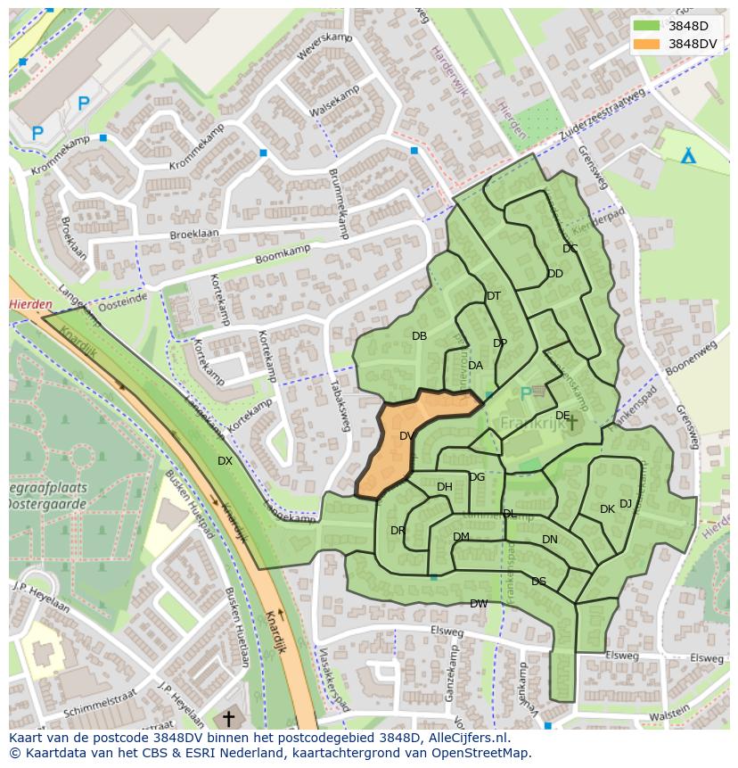 Afbeelding van het postcodegebied 3848 DV op de kaart.