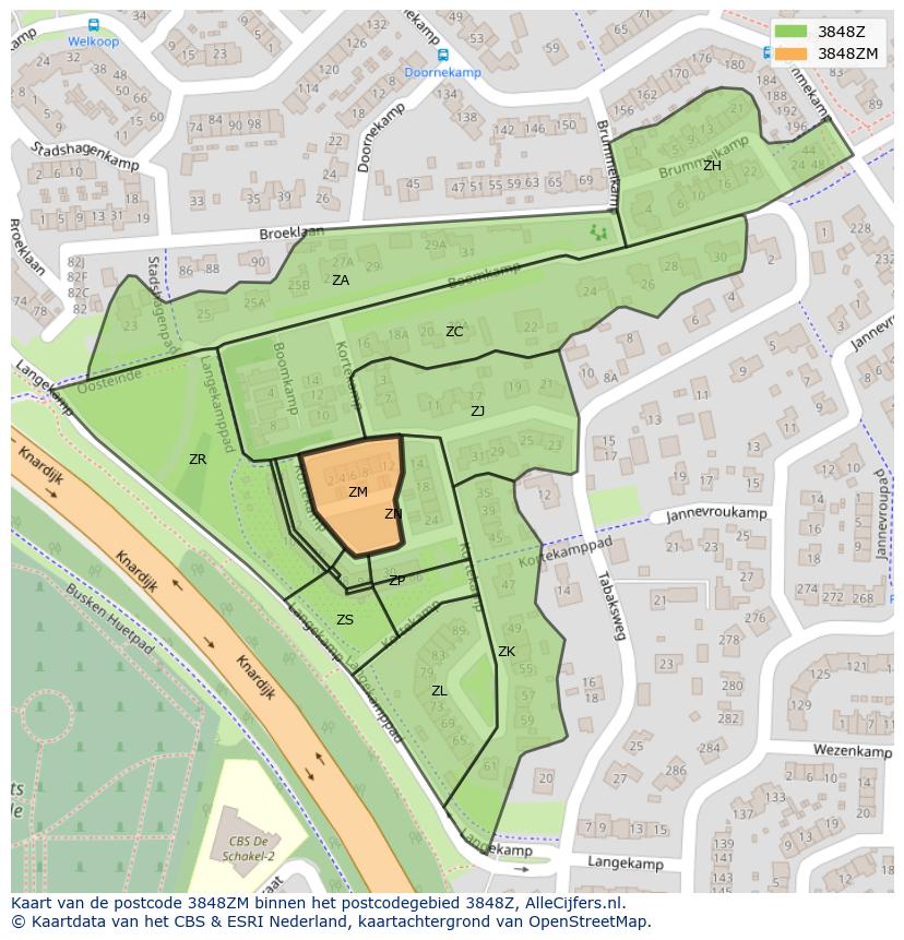 Afbeelding van het postcodegebied 3848 ZM op de kaart.