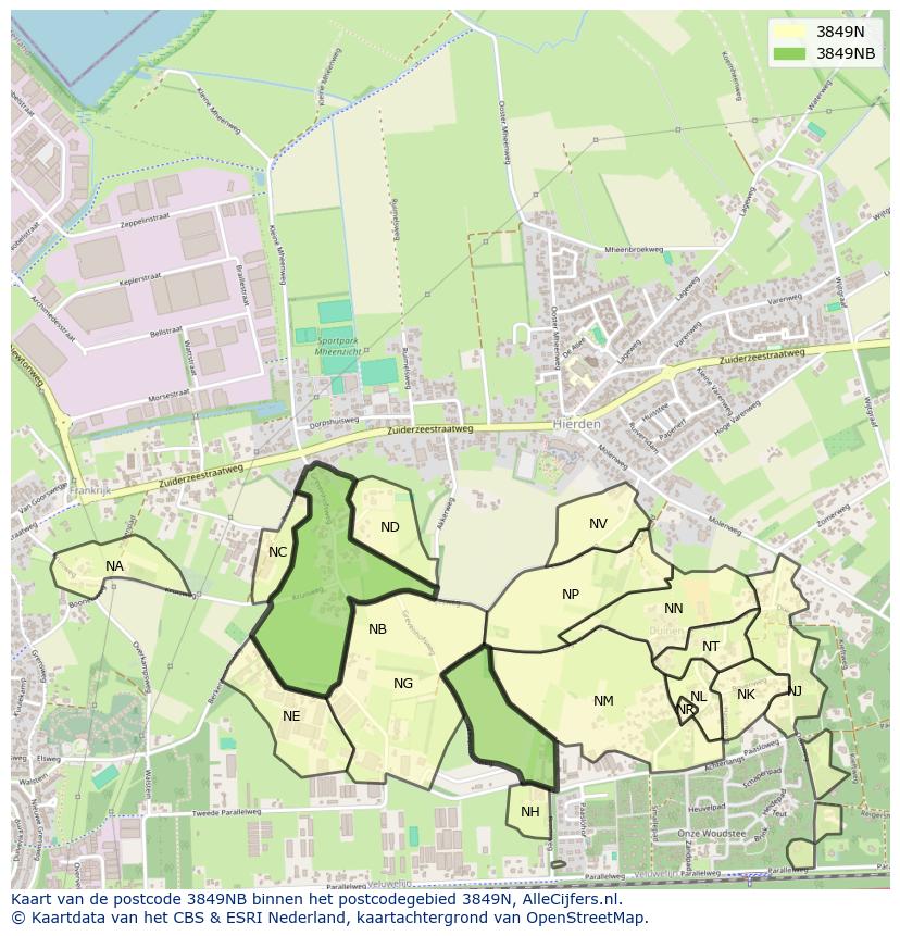 Afbeelding van het postcodegebied 3849 NB op de kaart.