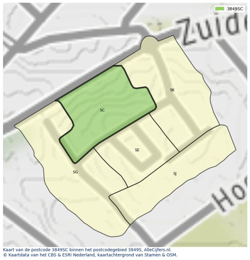 Afbeelding van het postcodegebied 3849 SC op de kaart.