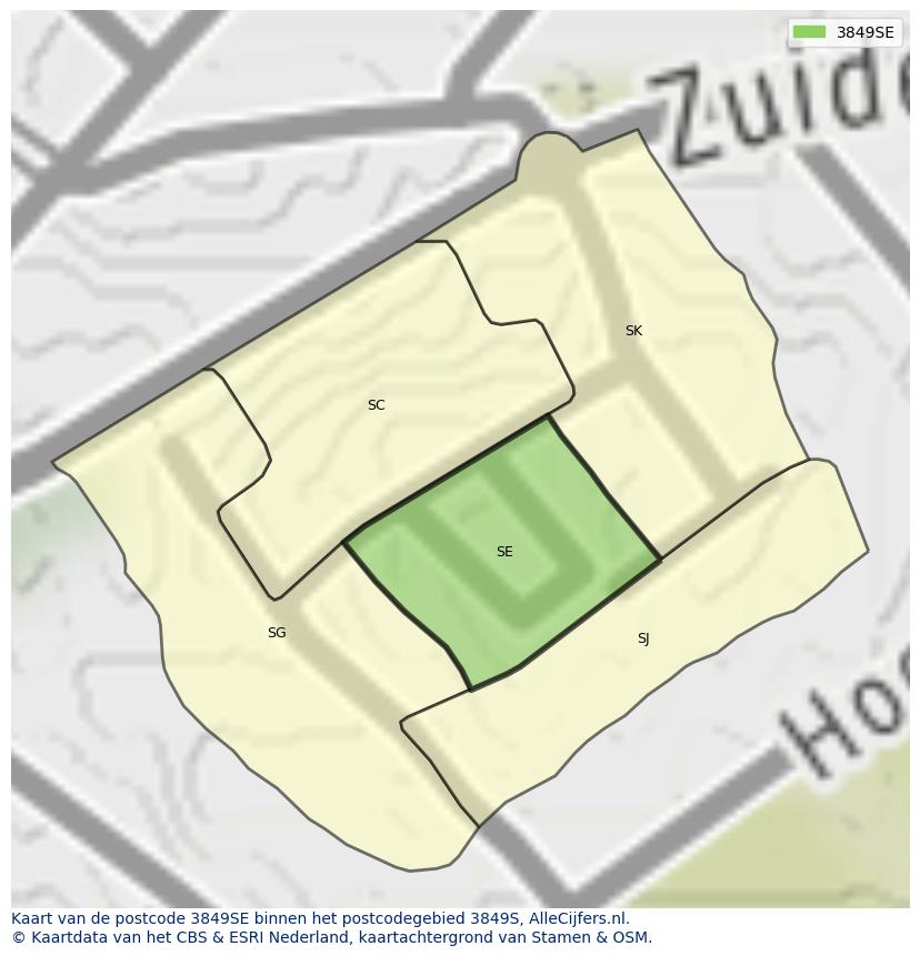 Afbeelding van het postcodegebied 3849 SE op de kaart.