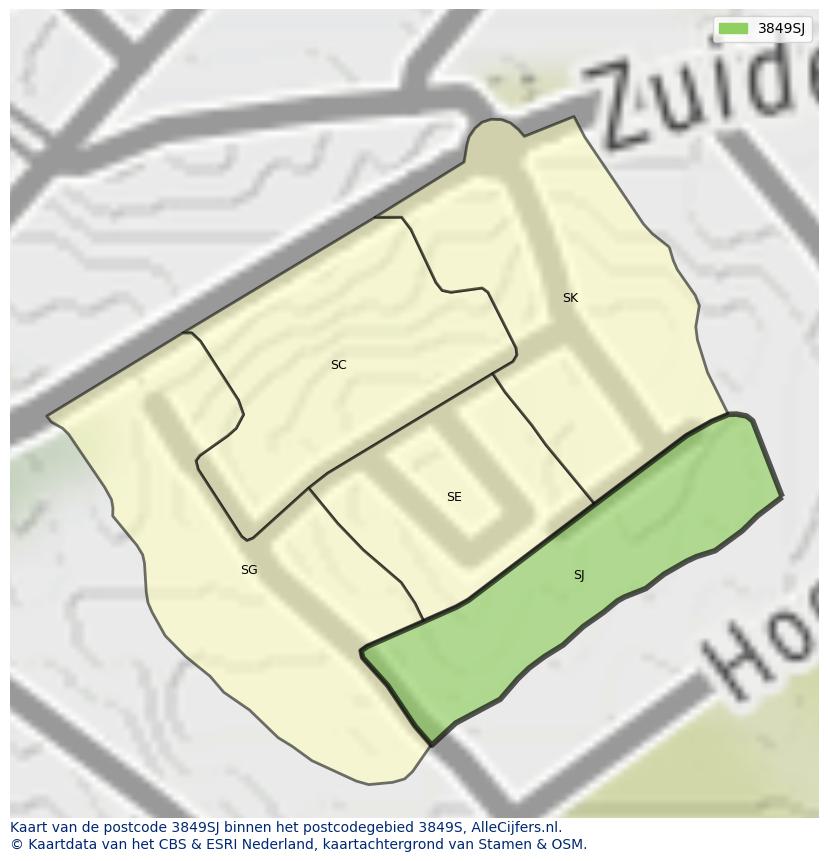 Afbeelding van het postcodegebied 3849 SJ op de kaart.