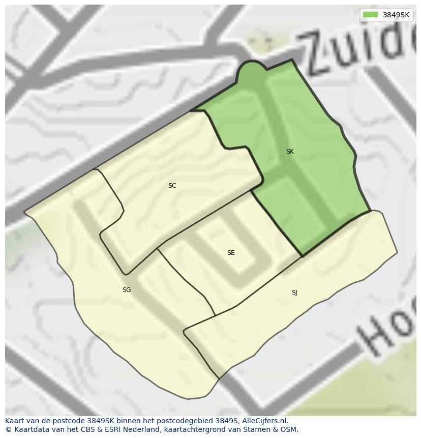 Afbeelding van het postcodegebied 3849 SK op de kaart.