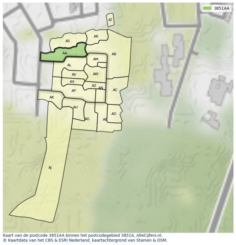 Afbeelding van het postcodegebied 3851 AA op de kaart.