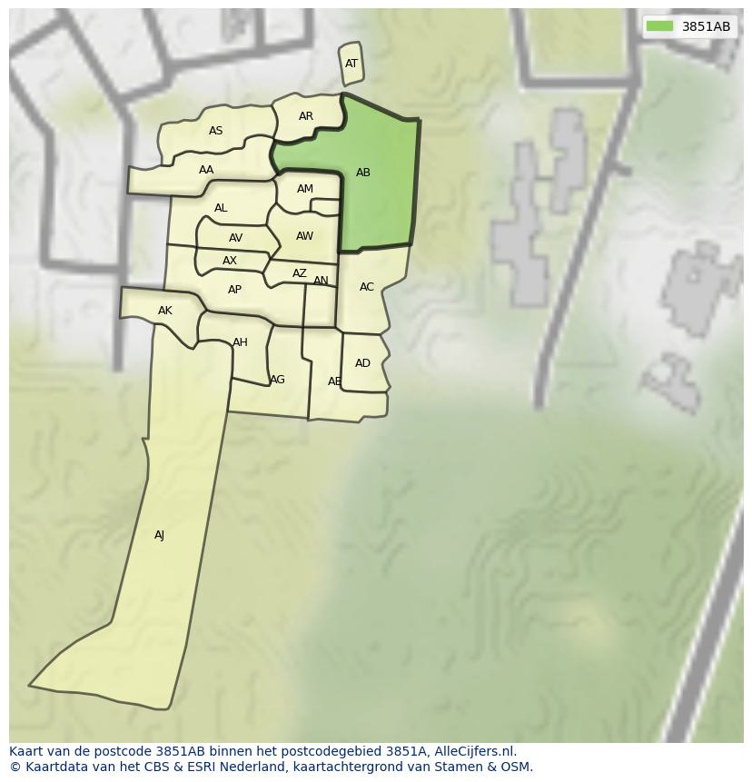 Afbeelding van het postcodegebied 3851 AB op de kaart.