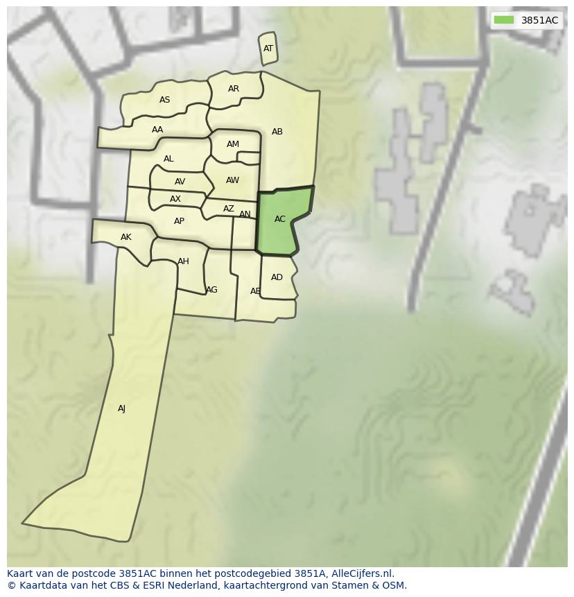 Afbeelding van het postcodegebied 3851 AC op de kaart.