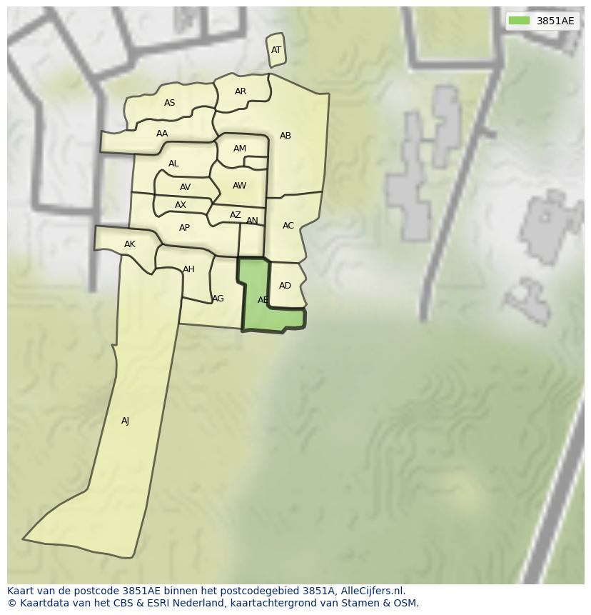 Afbeelding van het postcodegebied 3851 AE op de kaart.