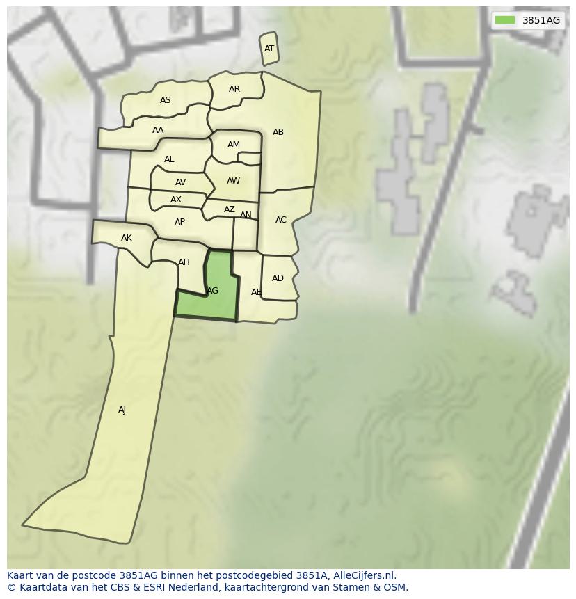 Afbeelding van het postcodegebied 3851 AG op de kaart.
