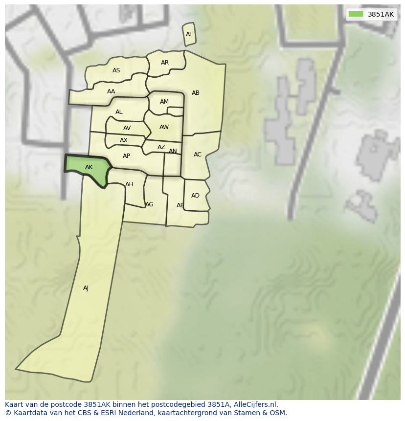 Afbeelding van het postcodegebied 3851 AK op de kaart.