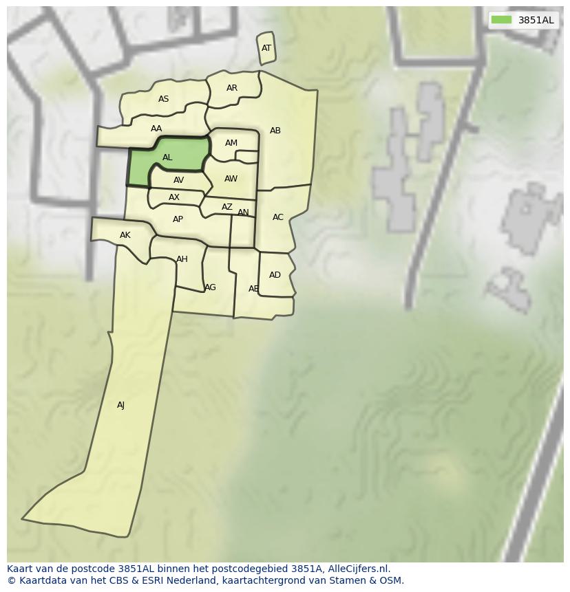 Afbeelding van het postcodegebied 3851 AL op de kaart.