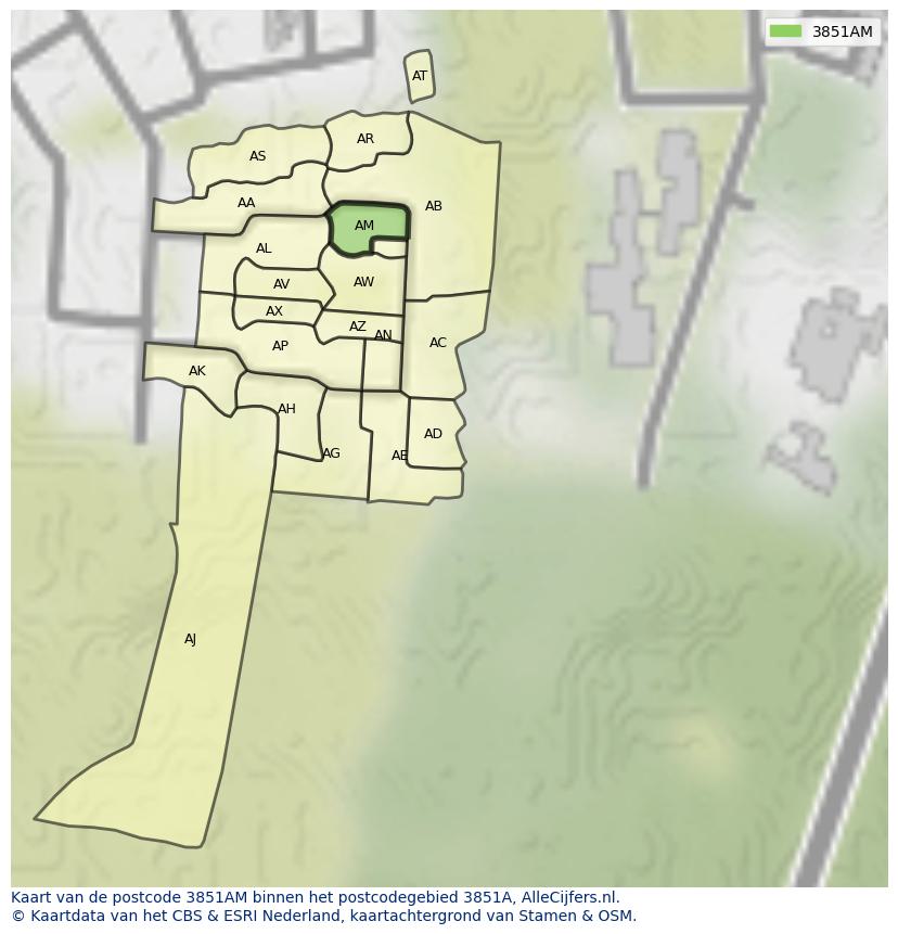 Afbeelding van het postcodegebied 3851 AM op de kaart.